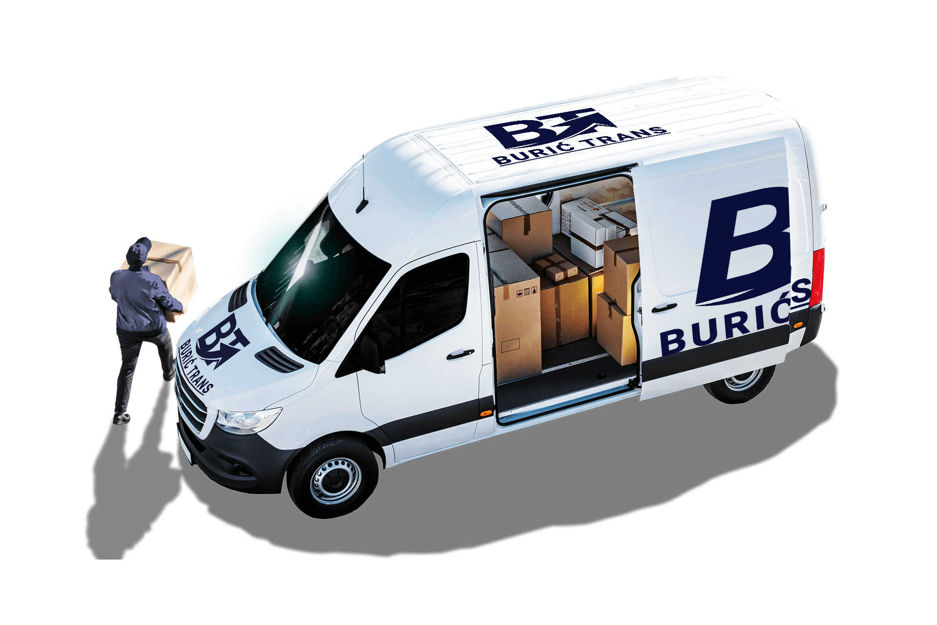 Kombi s otvorenim vratima, monter iznosi kutiju – slika sugerira mobilnu radnu jedinicu u akciji.